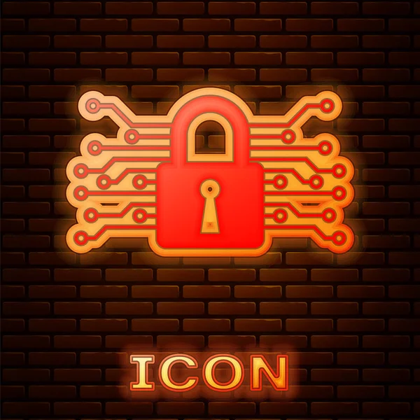 Świecące Neon Ikona Bezpieczeństwa Cybernetycznego Izolowane Tle Muru Ceglanego Zamknięty — Wektor stockowy