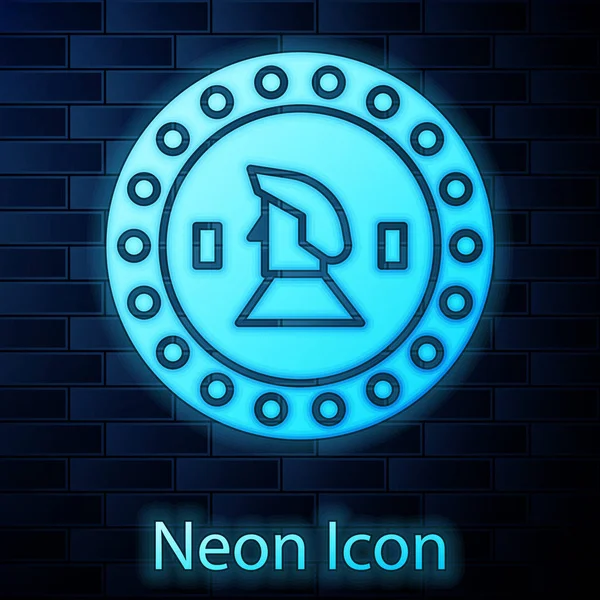 Zářící Neon Pirátská Mince Ikona Izolované Cihlové Zdi Pozadí Vektorová — Stockový vektor