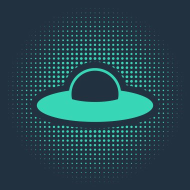 Yeşil Ufo uçan uzay gemisi simgesi mavi arkaplanda izole edildi. Uçan daire. Uzaylı uzay gemisi. Gelecekteki bilinmeyen uçan nesne. Soyut çember rastgele noktalar. Vektör İllüstrasyonu