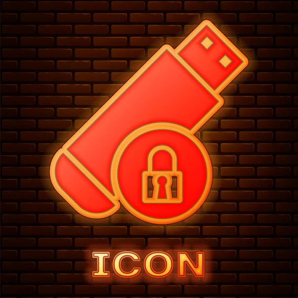 Glowing Neon Usb Flash Drive Closed Padlock Icon Isolated Brick — Stock Vector