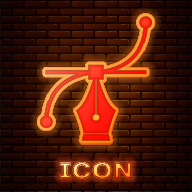 Parlayan neon Bezier eğrisi simgesi tuğla duvar arka planında izole edildi. Kalem aracı simgesi. Vektör İllüstrasyonu