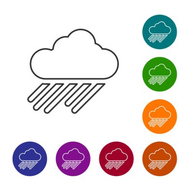 Beyaz arka planda izole edilmiş yağmur ikonu olan gri çizgi bulutu. Yağmur damlaları ile yağmur bulutu yağışı. Simgeleri renk daire düğmelerine ayarla. Vektör İllüstrasyonu