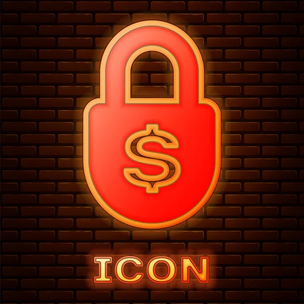 Glowing Neon Money Lock Icon Isolated Brick Wall Background Padlock — Stock Vector