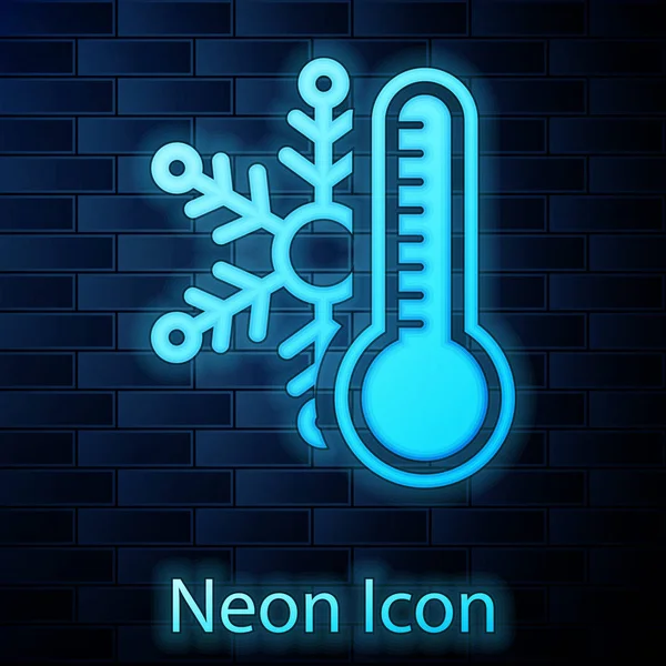 Светящийся Неоновый Термометр Значком Снежинки Фоне Кирпичной Стены Векторная Миграция — стоковый вектор