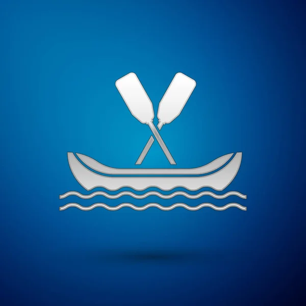 Silver Rafting boat icon isolated on blue background. Kayak with paddles. Water sports, extreme sports, holiday, vacation, team building.  Vector Illustration