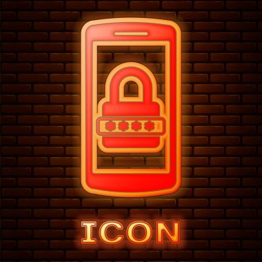 Parlayan neon Cep telefonu ve şifre koruma simgesi tuğla duvar arka planda izole. Güvenlik, güvenlik, kişisel erişim, kullanıcı izni, gizlilik. Vektör İllüstrasyonu