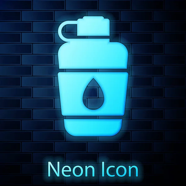 Glödande Neon Kanteen Vattenflaska Ikon Isolerad Tegel Vägg Bakgrund Turistkolvsikonen — Stock vektor