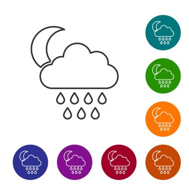 Beyaz zemin üzerinde yağmur ve ay ikonu olan gri çizgi bulutu. Yağmur damlaları ile yağmur bulutu yağışı. Simgeleri renk daire düğmelerine ayarla. Vektör İllüstrasyonu