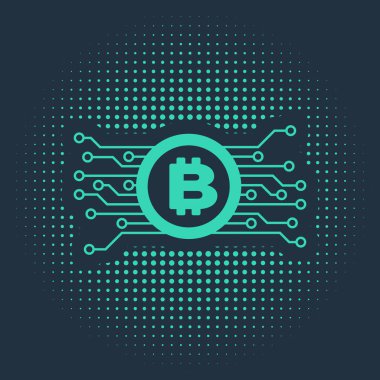 Mavi arka planda izole edilmiş mikroçip devre ikonu ile daire içinde yeşil kripto para birimi bitcoin. Engelleme teknolojisi, dijital para piyasası. Soyut çember rastgele noktalar. Vektör İllüstrasyonu