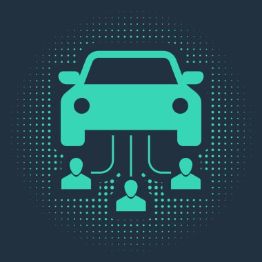 Mavi arka planda izole edilmiş bir grup insan ikonu ile yeşil araba paylaşımı. Araba paylaşım tabelası. Nakliye hizmeti konsepti. Soyut çember rastgele noktalar. Vektör İllüstrasyonu