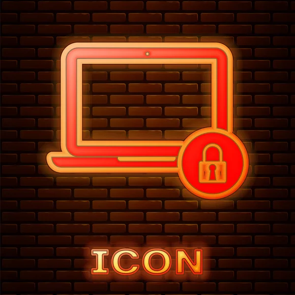 Parlayan neon Laptop ve tuğla duvar arka plan izole kilit simgesi. Bilgisayar ve asma kilit. Güvenlik, güvenlik, koruma konsepti. Güvenli internet çalışması. Vektör İllüstrasyonu