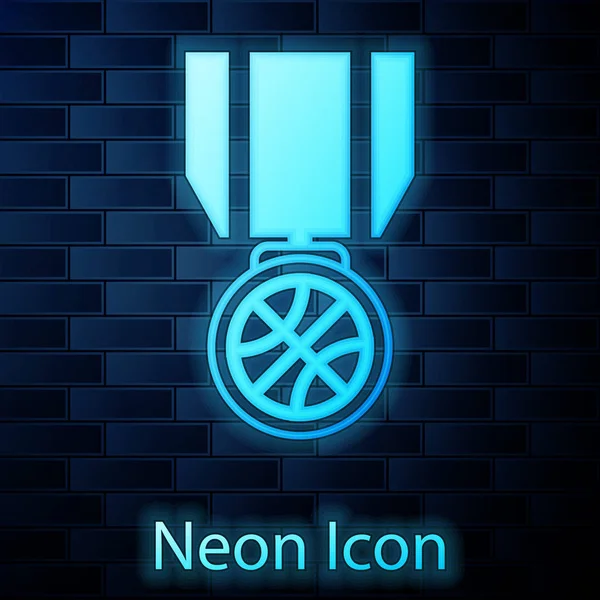 Świecący Neon Medal Koszykówki Ikoną Wstążki Izolowane Tle Cegły Ściany — Wektor stockowy