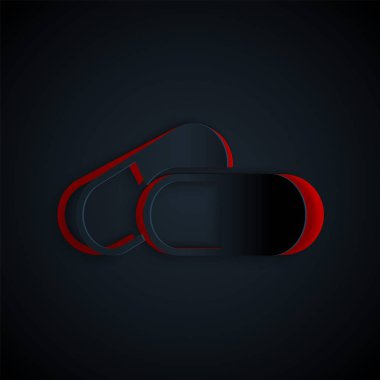 Kağıt kesiği tıp hapı veya siyah arka planda izole edilmiş tablet ikonu. Kapsül hapı ve uyuşturucu işareti. Eczane tasarımı. Kağıt sanatı tarzı. Vektör İllüstrasyonu