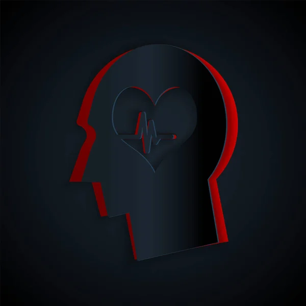 Paper Cut Male Head Heartbeat Icon Isolated Black Background Head — Stock Vector