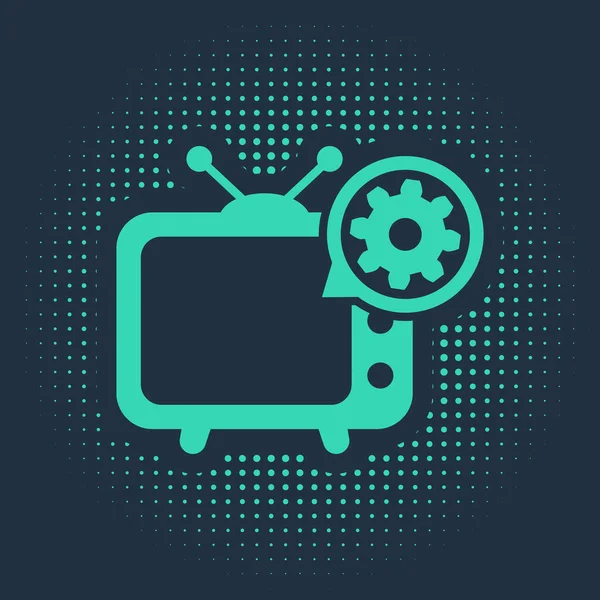 绿色电视和齿轮图标隔离在蓝色背景 电视服务的概念 调整应用程序 设置选项 随机圆点 病媒图解 — 图库矢量图片