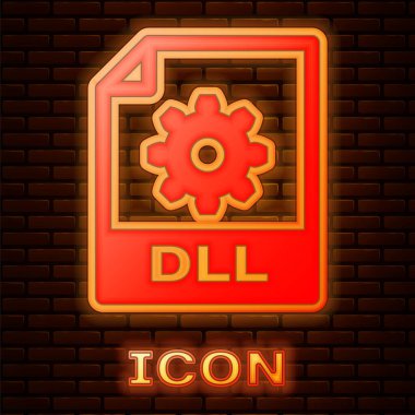 Parlayan Neon dll dosyası belgesi. Download dll düğmesi simge tuğla duvar arka planda izole. Dll dosyası sembolü. Vektör Illustration