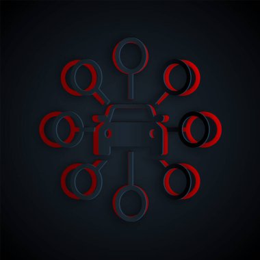 Kağıt kesiği araba paylaşım simgesi siyah arkaplanda izole edildi. Araba paylaşım tabelası. Nakliye hizmeti konsepti. Kağıt sanatı tarzı. Vektör İllüstrasyonu