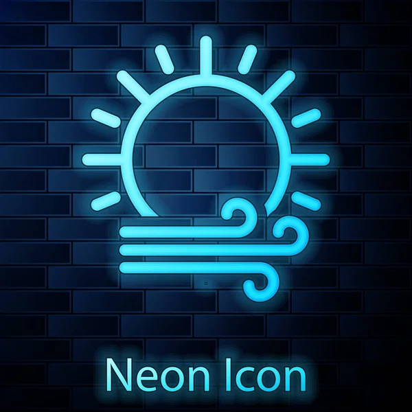 Neon Incandescente Icona Del Vento Del Sole Isolata Sfondo Murario — Vettoriale Stock