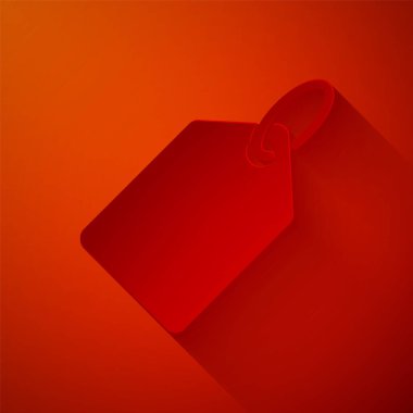 Kağıt kesimi Boş etiket şablon fiyat etiketi simgesi kırmızı arkaplanda izole. Boş alışveriş indirimi etiketi. Şablon indirimli afiş. Kağıt sanatı tarzı. Vektör İllüstrasyonu