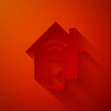 Kağıt kesiği Smart ev - uzaktan kontrol sistemi simgesi kırmızı arkaplanda izole edildi. Kağıt sanatı tarzı. Vektör İllüstrasyonu