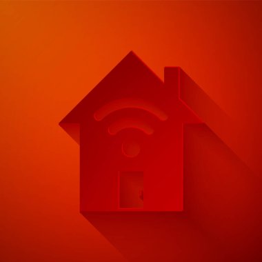 Kağıt, Smart 'ı kırmızı arkaplanda kablosuz internet ikonu ile eve götürüyor. Uzaktan kumanda. Kağıt sanatı tarzı. Vektör İllüstrasyonu