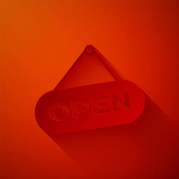 Papier découpé Panneau suspendu avec texte Icône de porte ouverte isolée sur fond rouge. Style art du papier. Illustration vectorielle — Image vectorielle