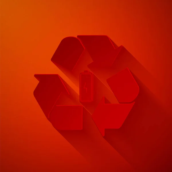 Cięcie papieru Bateria z recyklingu symbol linii ikony izolowane na czerwonym tle. Bateria z symbolem recyklingu - koncepcja energii odnawialnej. Papier w stylu sztuki. Ilustracja wektora — Wektor stockowy