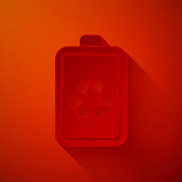 Paper cut Battery with recycle symbol line icon isolated on red background. Battery with recycling symbol - renewable energy concept. Paper art style. Vector Illustration — ストックベクタ