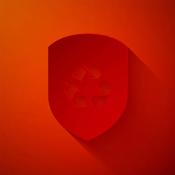 Cięcie papieru Recykling symbol wewnątrz ikony ekranu izolowane na czerwonym tle. Znak ochrony ekologicznej. Papier w stylu sztuki. Ilustracja wektora — Wektor stockowy