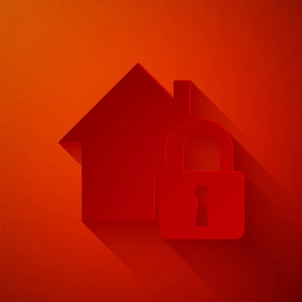 在红色背景上隔离的保护图标下的剪纸屋。 家和锁。 保护、安全、安保、保护、防御概念。 造纸艺术风格。 病媒图解 — 图库矢量图片