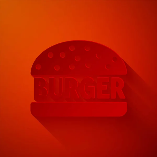 Burger-Symbol auf rotem Hintergrund isoliert. Hamburger Ikone. Cheeseburger Sandwich-Schild. Papierkunst. Vektorillustration — Stockvektor