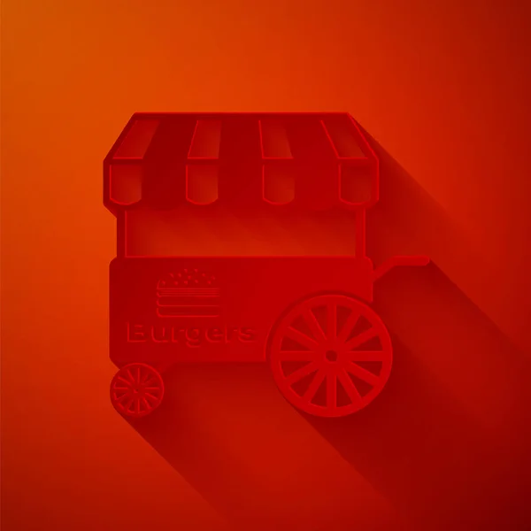 Papiergeschnittener Fast-Food-Wagen mit Markisensymbol auf rotem Hintergrund. Burger oder Hamburger-Ikone. Stadtkiosk. Papierkunst. Vektorillustration — Stockvektor