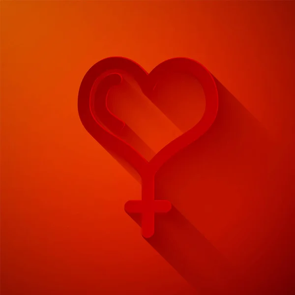 Papier gesneden Vrouwelijk geslacht symbool en hart pictogram geïsoleerd op rode achtergrond. Venus symbool. Het symbool voor een vrouwelijk organisme of vrouw. Papierkunst stijl. Vector Illustratie — Stockvector