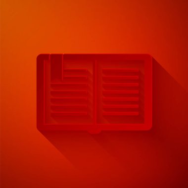 Kağıt kesiği Açık kitap simgesi kırmızı arkaplanda izole edildi. Kağıt sanatı tarzı. Vektör İllüstrasyonu