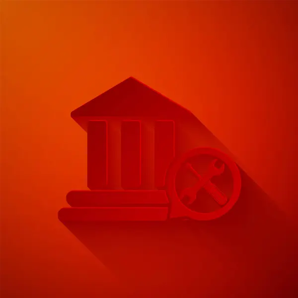 Pappersklipp Bank byggnad med skruvmejsel och skiftnyckel ikon isolerad på röd bakgrund. Justering, service, inställning, underhåll, reparation, fixering. Papperskonst. Vektor Illustration — Stock vektor