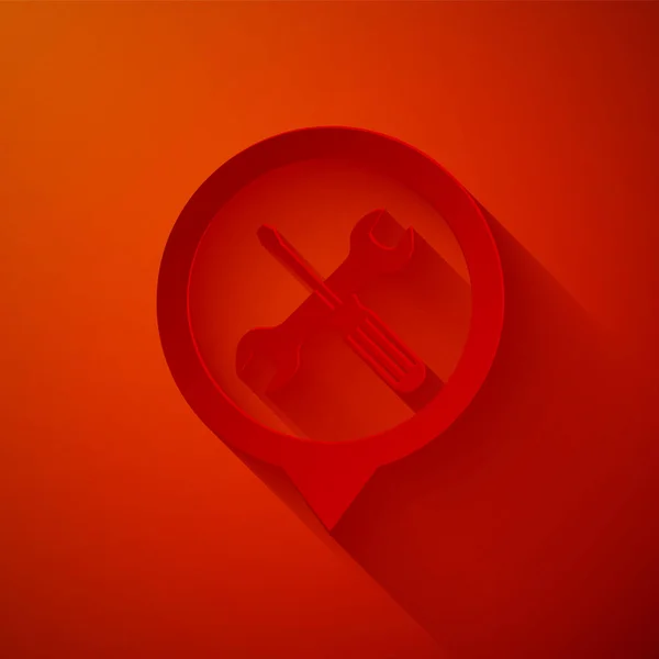 Carta tagliata Posizione con cacciavite incrociato e chiave utensili icona isolata su sfondo rosso. Simbolo impostazioni puntatore. Stile cartaceo. Illustrazione vettoriale — Vettoriale Stock
