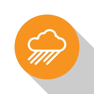 Beyaz arka planda izole edilmiş yağmur simgesine sahip Beyaz Bulut. Yağmur damlaları ile yağmur bulutu yağış. Turuncu daire düğmesi. Vektör İllüstrasyonu