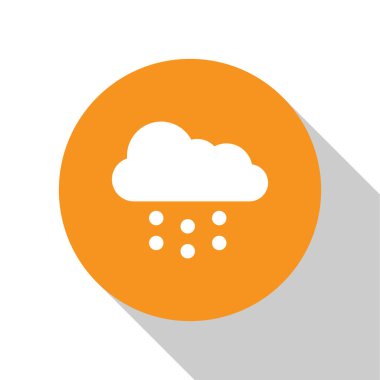 Beyaz arka planda kar ikonu olan beyaz bulut. Kar taneli bulut. Tek hava ikonu. Kar tabelası. Turuncu daire düğmesi. Vektör İllüstrasyonu