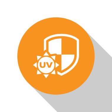 Beyaz UV koruma simgesi beyaz arkaplanda izole edildi. Güneş ve kalkan. Ultra menekşe ışınları radyasyon. Güneş ışığı işareti. Turuncu daire düğmesi. Vektör İllüstrasyonu
