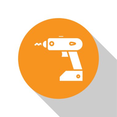 Beyaz Elektrik kablosuz tornavida simgesi beyaz arkaplanda izole edildi. Elektrikli matkap. Tamir aleti. Turuncu daire düğmesi. Vektör İllüstrasyonu