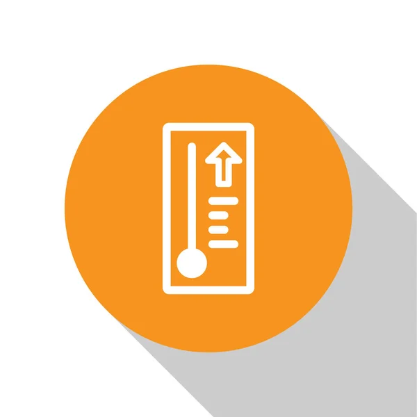 Witte Meteorologie thermometer meten warmte en koude pictogram geïsoleerd op witte achtergrond. Thermometer apparatuur toont warm of koud weer. Oranje cirkel knop. Vector Illustratie — Stockvector