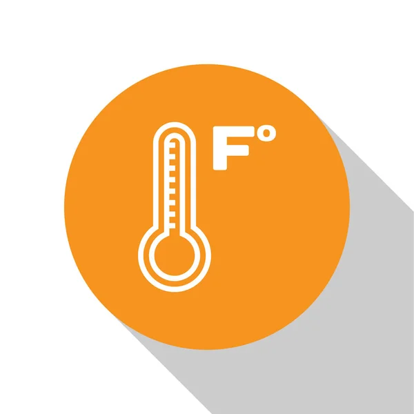 Termômetro de meteorologia branca medindo calor e ícone frio isolado em fundo branco. Temperatura Fahrenheit. Botão laranja círculo. Ilustração vetorial — Vetor de Stock