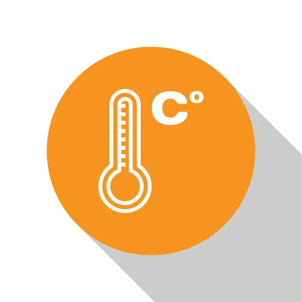 Vit meteorologi termometer mäta värme och kall ikon isolerad på vit bakgrund. Temperatur Celsius. Orange cirkelknapp. Vektor Illustration — Stock vektor