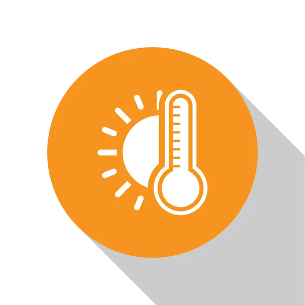 Witte thermometer met zonneteken geïsoleerd op witte achtergrond. Oranje cirkel knop. Vector Illustratie — Stockvector