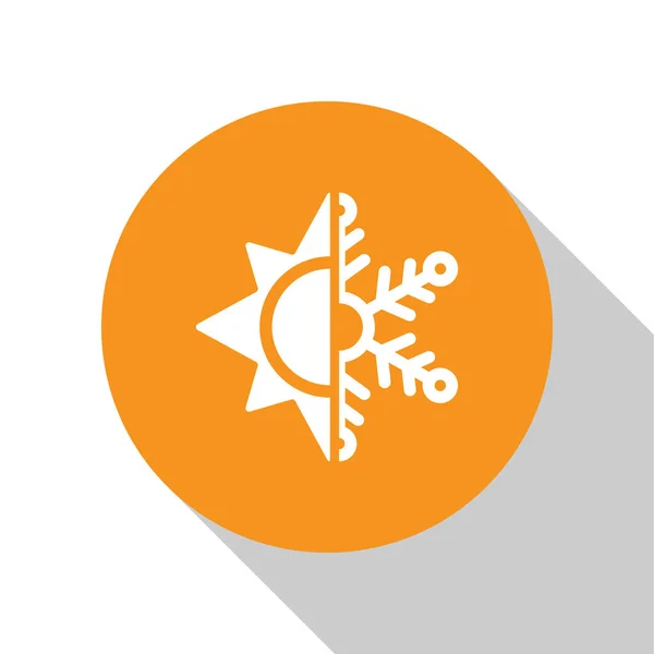 White Hot and cold symbol. Sun and snowflake icon isolated on white background. Winter and summer symbol. Orange circle button. Vector Illustration — Stock Vector