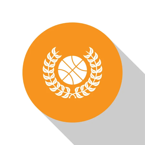 White Award with basketball ball icon isolated on white background. Laurel wreath. Winner trophy. Championship or competition trophy. Orange circle button. Vector Illustration — Stock Vector