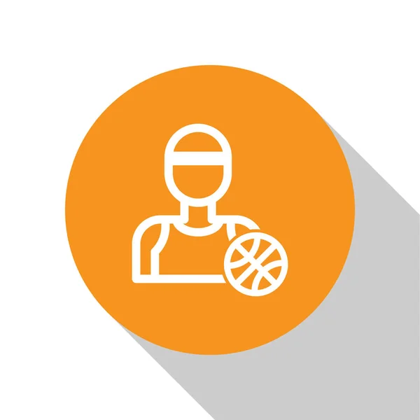 Witte basketbalspeler pictogram geïsoleerd op witte achtergrond. Oranje cirkel knop. Vector Illustratie — Stockvector