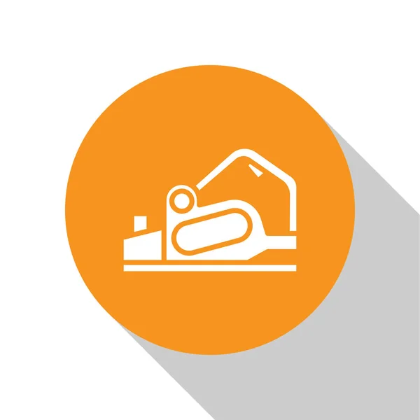 Icono de herramienta cepilladora eléctrica blanca aislada sobre fondo blanco. Botón círculo naranja. Ilustración vectorial — Archivo Imágenes Vectoriales