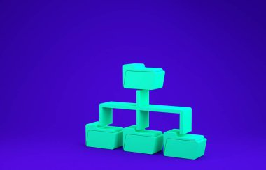 Mavi arkaplanda Yeşil Dizin ağaç simgesi izole edildi. Bilgisayar ağı dosya dizini yapı akış şeması. Minimalizm kavramı. 3d illüstrasyon 3B canlandırma