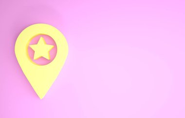 Pembe zemin üzerinde yıldız simgesi olan sarı harita işaretçisi. Yıldız favori iğne haritası simgesi. Harita işaretleyicileri. Minimalizm kavramı. 3d illüstrasyon 3d canlandırma